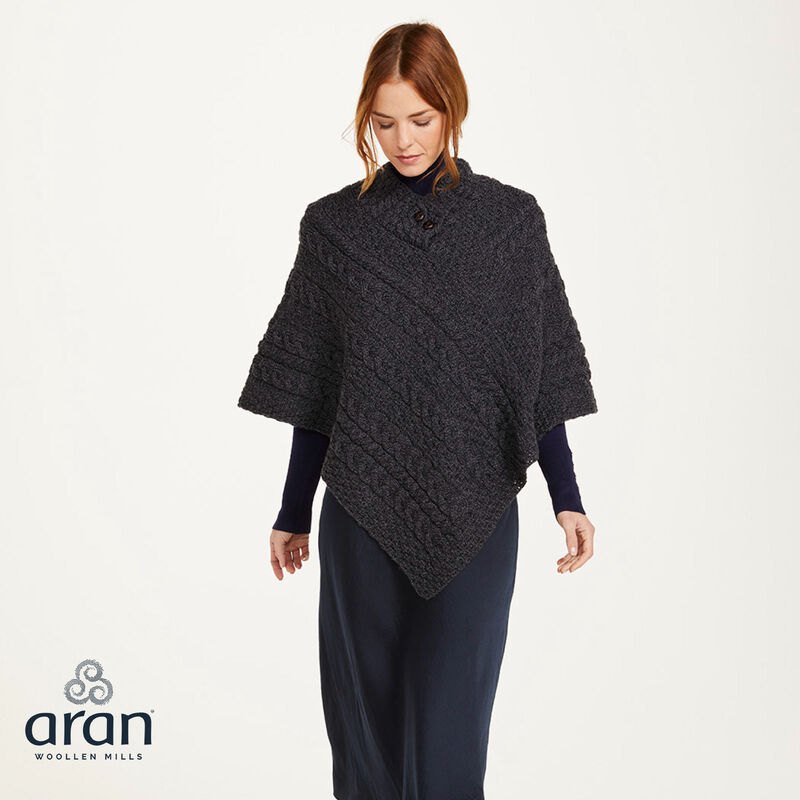 100% Merino Wool Ladies Poncho With Buttons  Charcoal Colour